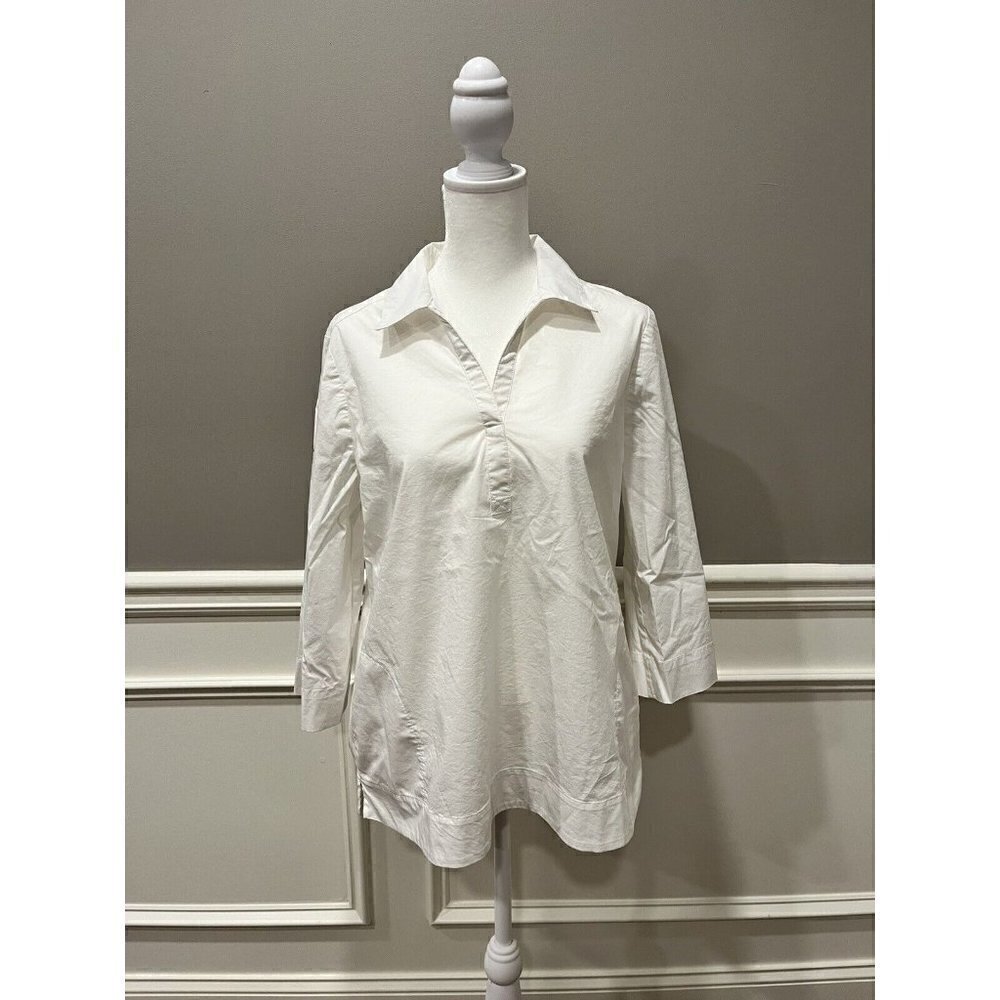 Chico's No Iron Long Shirt Women's Size 0 Button Up 3/4 Sleeve White Pockets